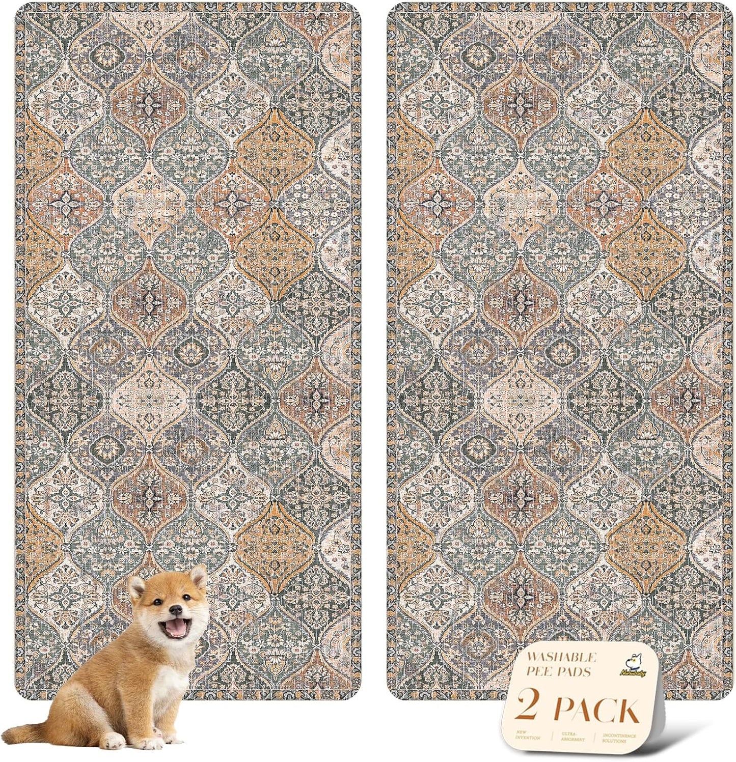 nunubaby Washable Pee Pads for Dogs, Stylish, Non-Slip and Leak-Proof Pee Pads. Reusable Potty Pads for Dogs for Crates and Floors.(Beige/Multi, 24" x48" )