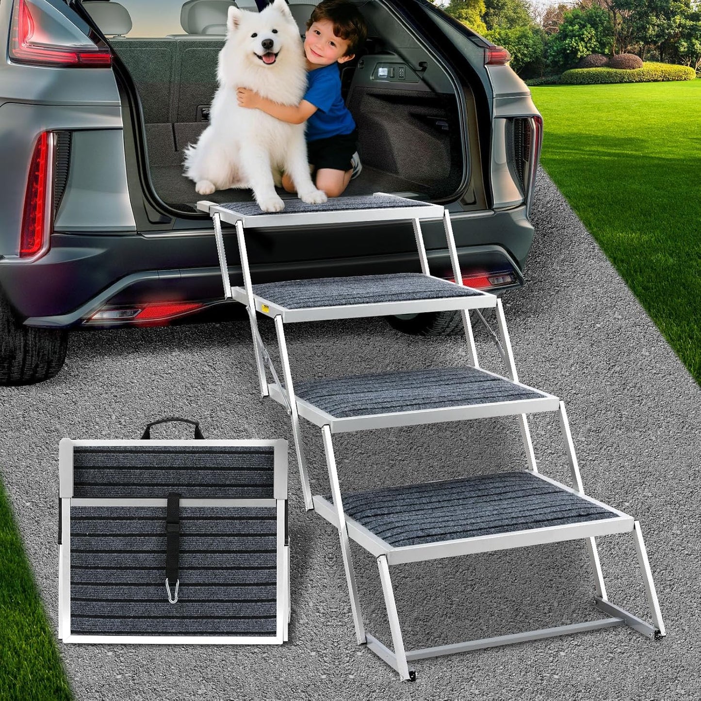 Dog Stairs for Large Dogs,Dog Stairs for Cars,Foldable Dog Ramp Pet Steps Light Weight Aluminum,Extra Wide Dog Stair for Large Dogs,High Beds, Trucks, Supports up to 200 lbs (Extra Wide-4 Steps)