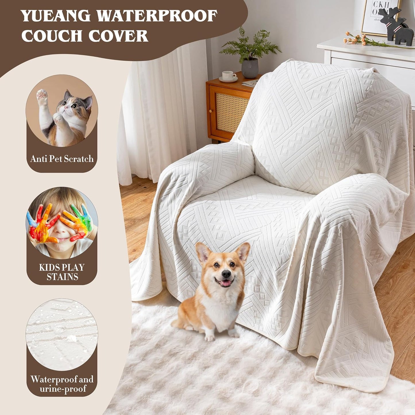 Waterproof Couch Cover, Reversible, Pet-Friendly, Washable and Anti-Slip Couch Covers for Sofa Protection with 3 Cushions, Sofa Slipcovers for Dogs and Cats (71×118in/Brown)