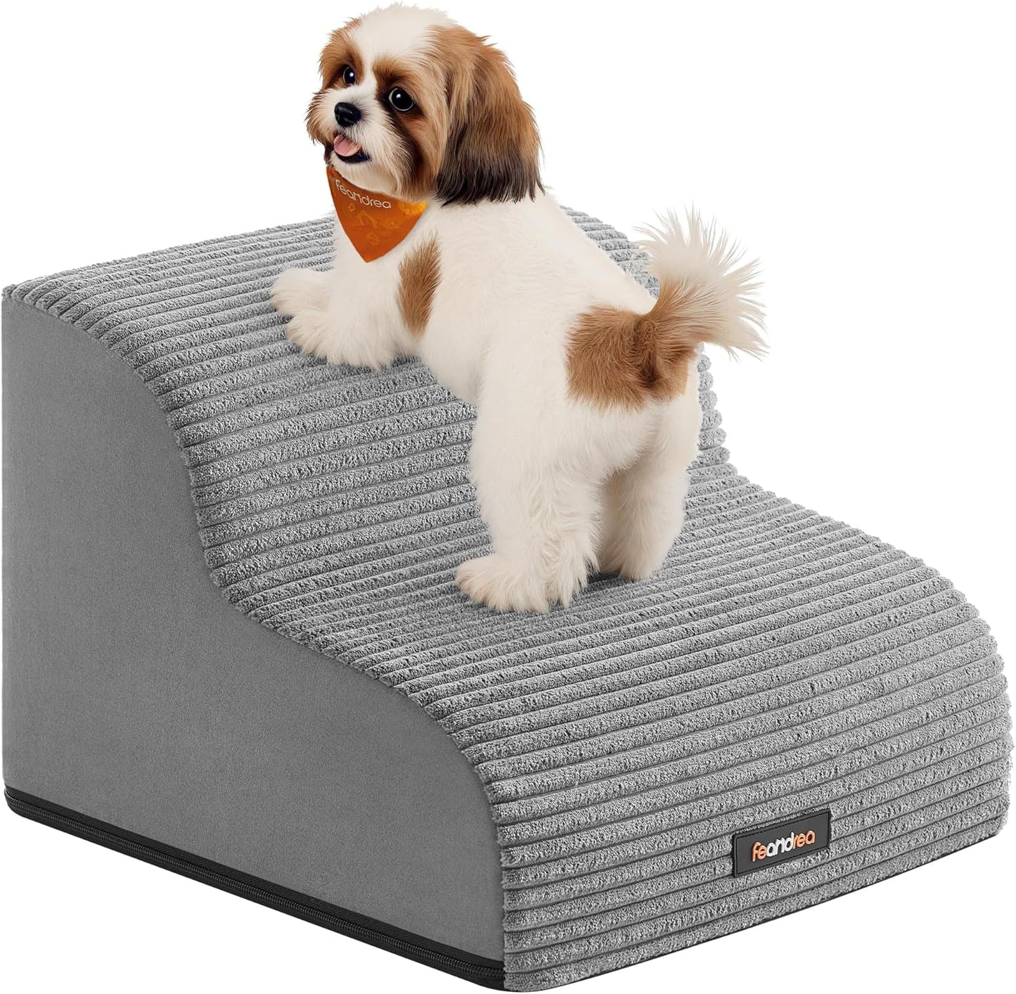 Feandrea 3-Step Dog Stairs, Dog Steps for Bed, Sofa, Waterproof Pet Stairs with Anti-Slip Designs, Gentle Slope, Removable Washable Cover, Handle, Dove Gray UPPS003G01