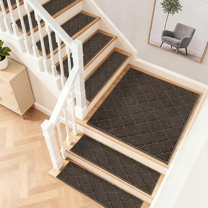 COSY HOMEER Edging Stair Treads Non-Slip Carpet Mat 28inX9in Indoor Stair Runners for Wooden Steps, Edging Stair Rugs for Kids and Dogs, 100% Polyester TPE Backing (7pc, Beige)