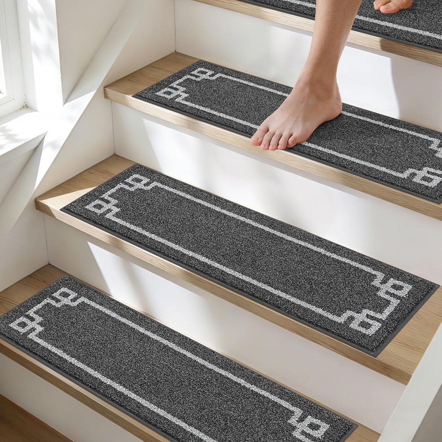 BEQHAUSE Non Slip Stair Treads for Wooden Steps Indoor Washable Stair Runner 28inX9in Polyester Durable Stair Treads Carpet for Dogs,Kids and Elders 15pcs,Dark Grey