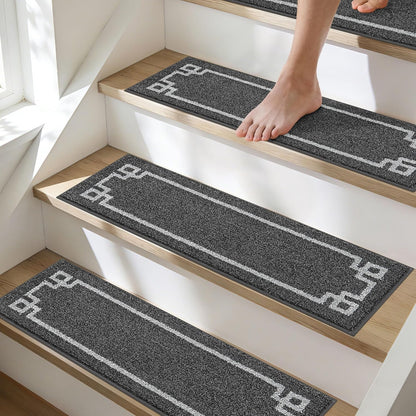 BEQHAUSE Non Slip Stair Treads for Wooden Steps Indoor Washable Stair Runner 28inX9in Polyester Durable Stair Treads Carpet for Dogs,Kids and Elders 15pcs,Dark Grey