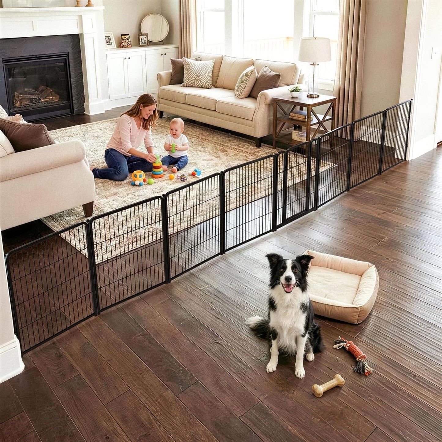 FXW Dog Gate Extra Wide Designed for Indoor Use, Adjustable Width Up to 183-inch Wide (24" H 8 Wire Panels for Puppies and Small Dogs), Black