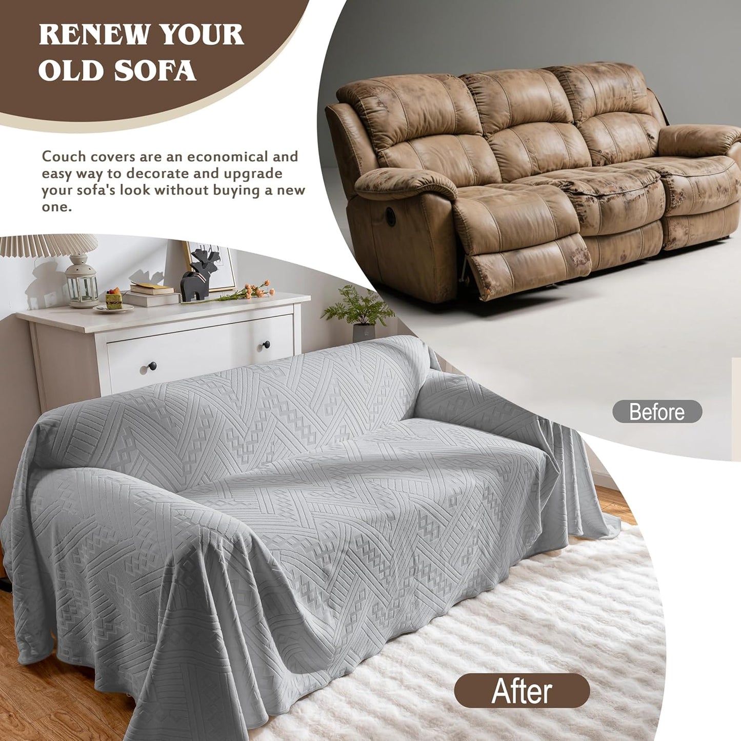 Waterproof Couch Cover, Reversible, Pet-Friendly, Washable and Anti-Slip Couch Covers for Sofa Protection with 3 Cushions, Sofa Slipcovers for Dogs and Cats (71×118in/Brown)