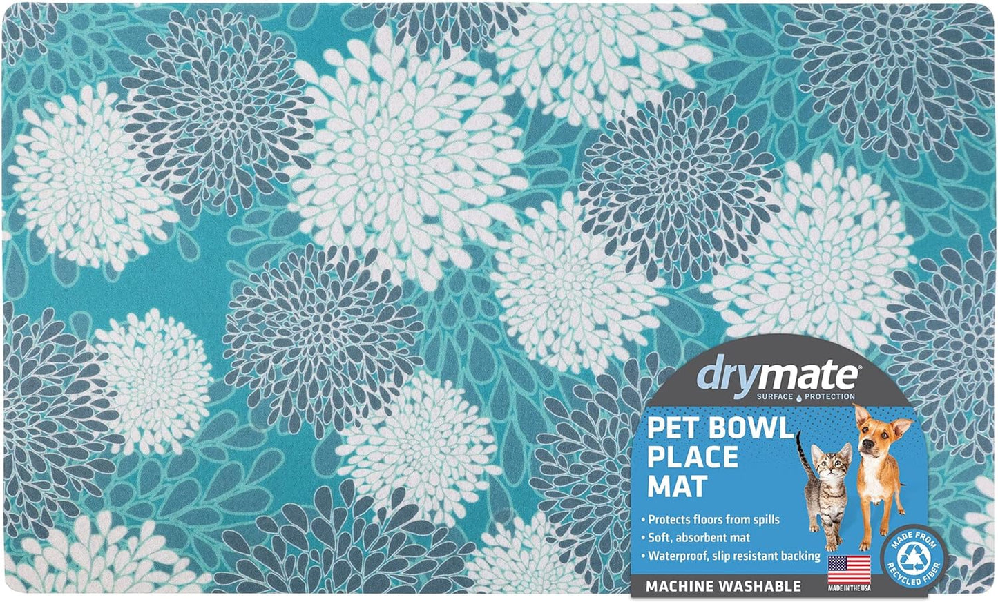 Drymate Pet Bowl Placemat, Dog & Cat Food Feeding Mat - Absorbent Fabric, Waterproof Backing, Slip-Resistant - Machine Washable/Durable (USA Made) (12” x 20”) (Indigo)