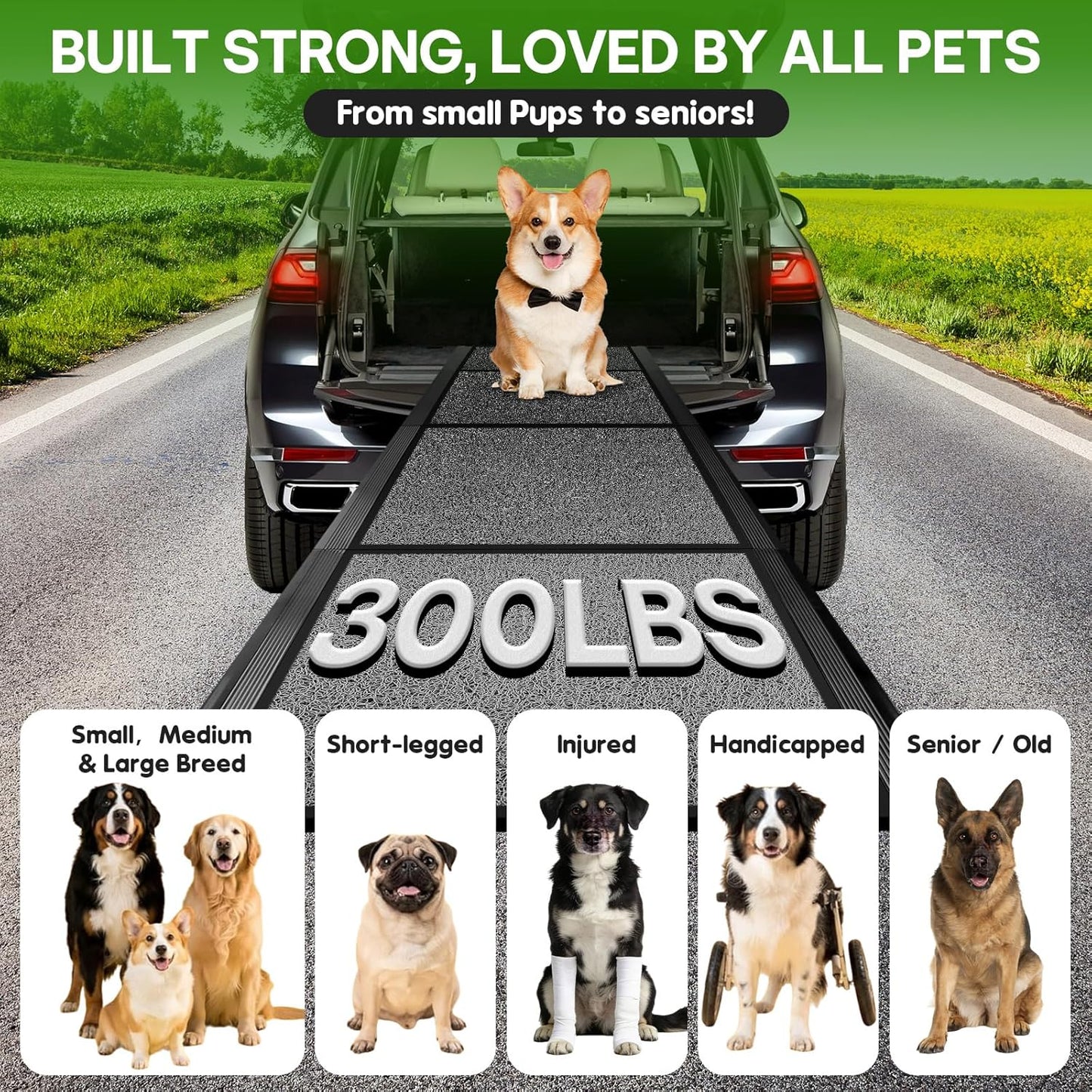 71''x 20'' Dog Ramp for Car, Pet Ramp for Large Dogs Up to 300LBS, Foldable Dog Car Ramp Stairs Steps with Waterproof & Non-Slip Rug Surface for Truck, SUV, Indoor & Outdoor(Wire Loop Fabric)