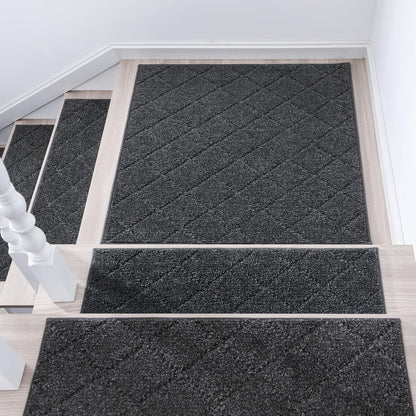 COSY HOMEER Edging Stair Treads Non-Slip Carpet Mat 28inX9in Indoor Stair Runners for Wooden Steps, Edging Stair Rugs for Kids and Dogs, 100% Polyester TPE Backing (7pc, Beige)