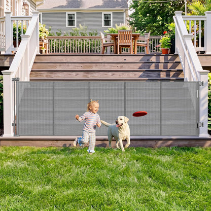 108" Wide Weatherproof Outdoor Retractable Dog Gates Extra Wide with Rust-Proof Stainless Steel Hardware& Waterproof Mesh, Reinforced 9 Ft Extra Long Retractable Baby Gate to Prevent Crawling Through