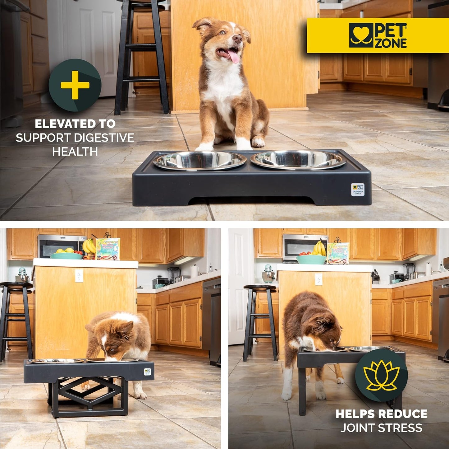 Pet Zone Elevated Dog Bowls Designer Diner 3 Height Adjustable Raised Dog Bowl Stand with 2 Stainless Steel Bowls (7 Cup Capacity Each)