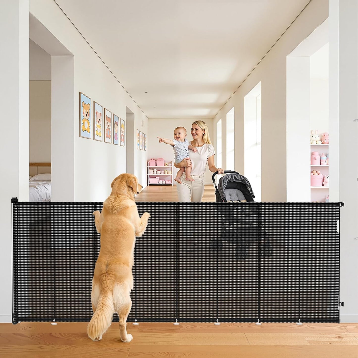 Retractable Baby Gate for Stairs, 42" Tall X 200" Wide Mesh Dog Gate Indoor, Child Gate for Doorways, Hallways, Deck, Indoor Outdoor Pet Baby Safety Essentials for Home, Black