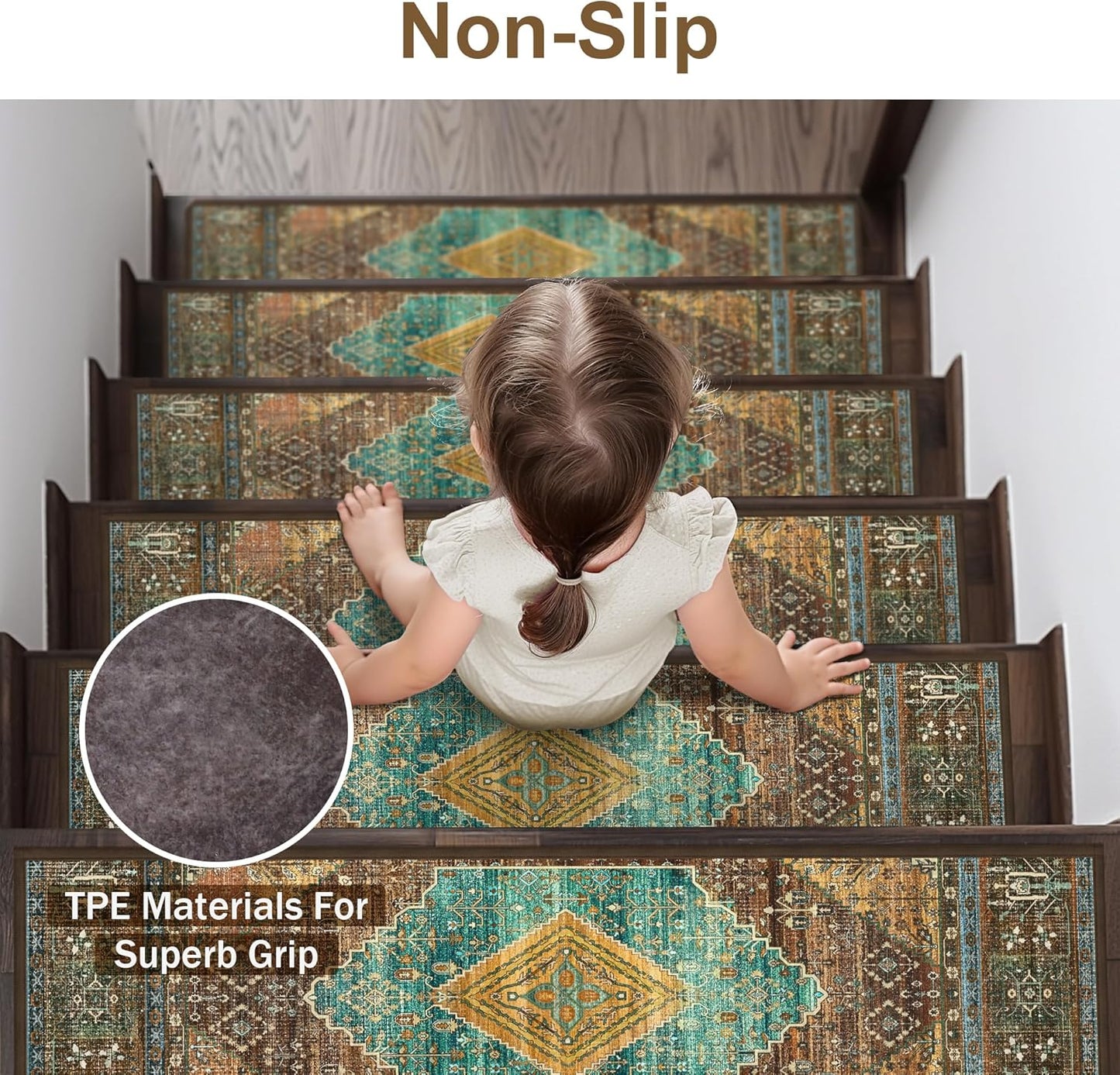 sarben Non Slip Stair Treads for Wooden Steps 15PCS - 8"x30" Indoor Safety Carpet, Edging Mats with TPE Adhesive Backing, Pet and Elderly Friendly Stair Rugs (Taupe) - Colors A