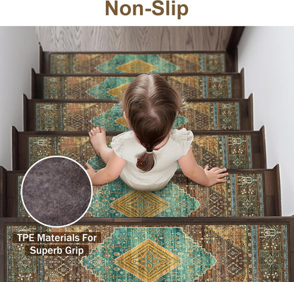 sarben Non Slip Stair Treads for Wooden Steps 15PCS - 8"x30" Indoor Safety Carpet, Edging Mats with TPE Adhesive Backing, Pet and Elderly Friendly Stair Rugs (Taupe) - Colors A