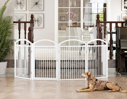Folding No-Assembly Freestanding Dog Gate with Door,32" Heights Foldable Pet Fence,144" Extra Wide Accordion Puppy Folding Playpen for Doorways,House,Stairs (6 Panels,White)