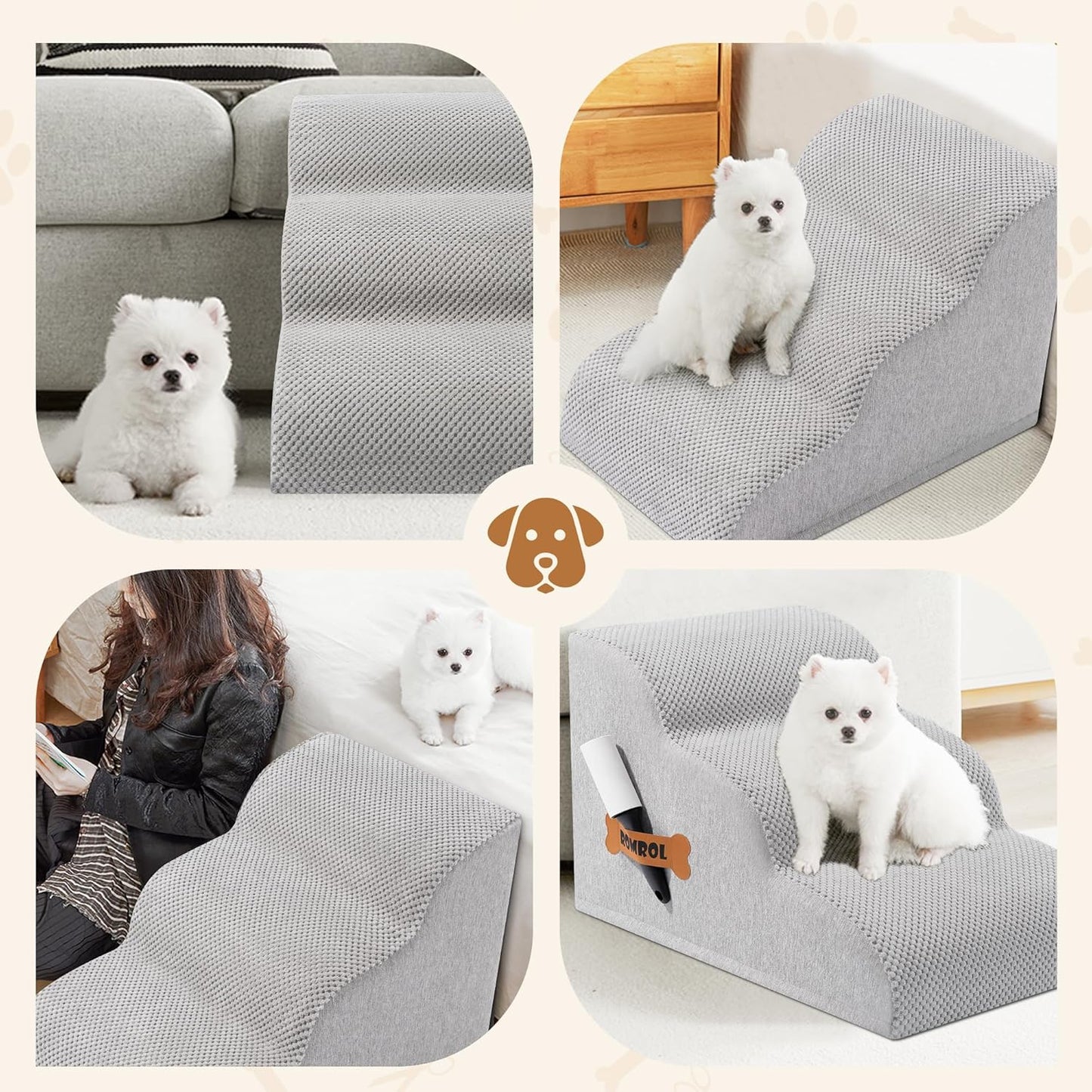 Romrol Dog Stairs Ramp for High Beds Couches, High Density Foam Pet Steps with Durable Non-Slip Waterproof Fabric Cover, Dog Stairs for Small Dogs or Cats or Pets, 5-Step, 22 Inch, Grey