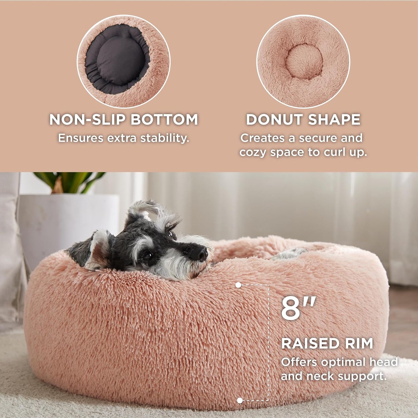 Bedsure Calming Dog Bed Medium Size Dog - Donut Washable Medium Pet Bed, 30 inches Anti-Slip Round Fluffy Plush Faux Fur Cat Bed, Fits up to 45 lbs Pets, Camel