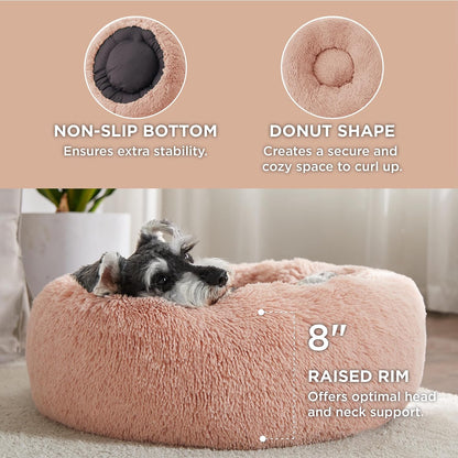 Bedsure Calming Dog Bed Medium Size Dog - Donut Washable Medium Pet Bed, 30 inches Anti-Slip Round Fluffy Plush Faux Fur Cat Bed, Fits up to 45 lbs Pets, Camel
