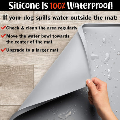 DogBuddy Dog Food Mat – Waterproof Dog Bowl Mat for Food and Water, Silicone Pet Feeding Mats for Floors, Non-Slip Placemat with High Edges for Dogs Bowls, Puppy Essentials (L: 24" x 16", Shadow)
