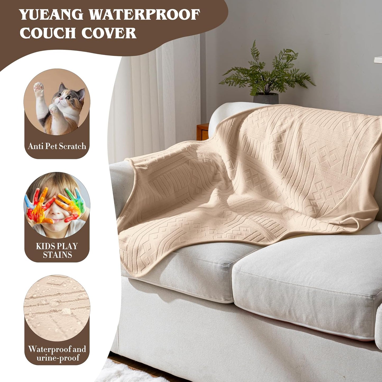 Waterproof Couch Cover, Reversible, Pet-Friendly, Washable and Anti-Slip Couch Covers for Sofa Protection with 3 Cushions, Sofa Slipcovers for Dogs and Cats (71×118in/Brown)