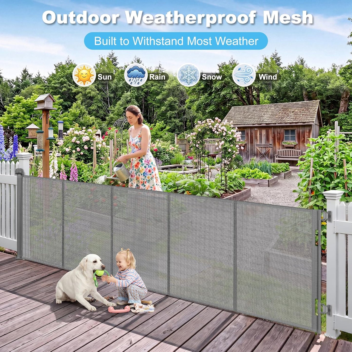 108" Wide Weatherproof Outdoor Retractable Dog Gates Extra Wide with Rust-Proof Stainless Steel Hardware& Waterproof Mesh, Reinforced 9 Ft Extra Long Retractable Baby Gate to Prevent Crawling Through