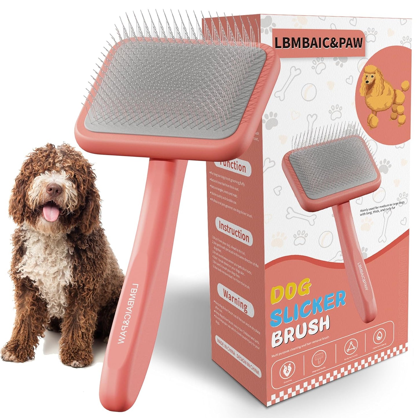 Dog Slicker Brushes for Poodles,Doodles,Goldendoodles,Bernedoodle.Dog Brushes for Thick Long Curly Fur Deshedding,Fluff,Grooming.Remove Loose Fur Quick Easy.Long Pin Slicker Brush.Wooden(Large)