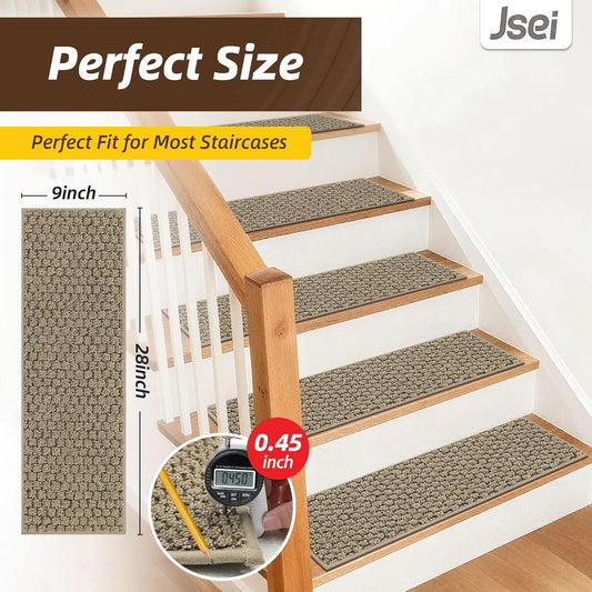 JSEI Stair Treads for Wooden Steps, 14 Pack 9" X 28" Non-Slip Machine Washable Carpet Stair Treads with TPE Backing, Soft Indoor Stair Rug Runner for Kids Elders & Pets, 100% Polyester, Greyish Brown