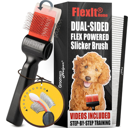 FlexIt Home - Flexible Slicker Brush for Dogs - Dog Grooming Brush for Poodles, Golden Doodles, Huskies, Retrievers, and Labradoodles - Professional 3-in-1 System & Video Trainings (Single, Soft Flex)
