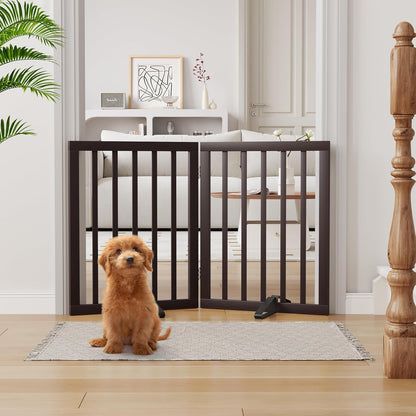 Freestanding Dog Gates Indoor, 3-Panel Pet Gates with 2 Metal Stands and 360° Hinge, 24" H Foldable Dog Gate for Stairs, Doorway, Kitchen, Expands Up to 55" Fully Assembled - Black Walnut