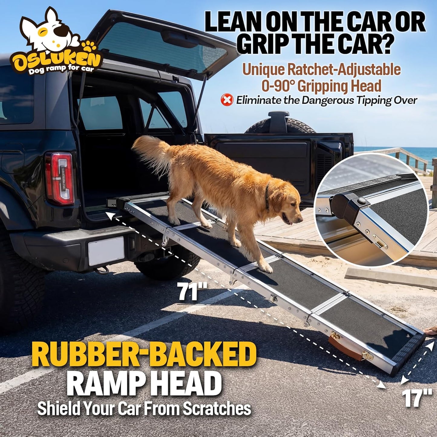 71" Aluminum Alloy Dog Ramp for Car SUV Truck Side Door, Foldable Outdoor Pet Ramp with Adjustable Support Head, Non-Slip Traction Surface, Sturdy Ramp for Large Dogs Up to 200 LBS (5 Folded)