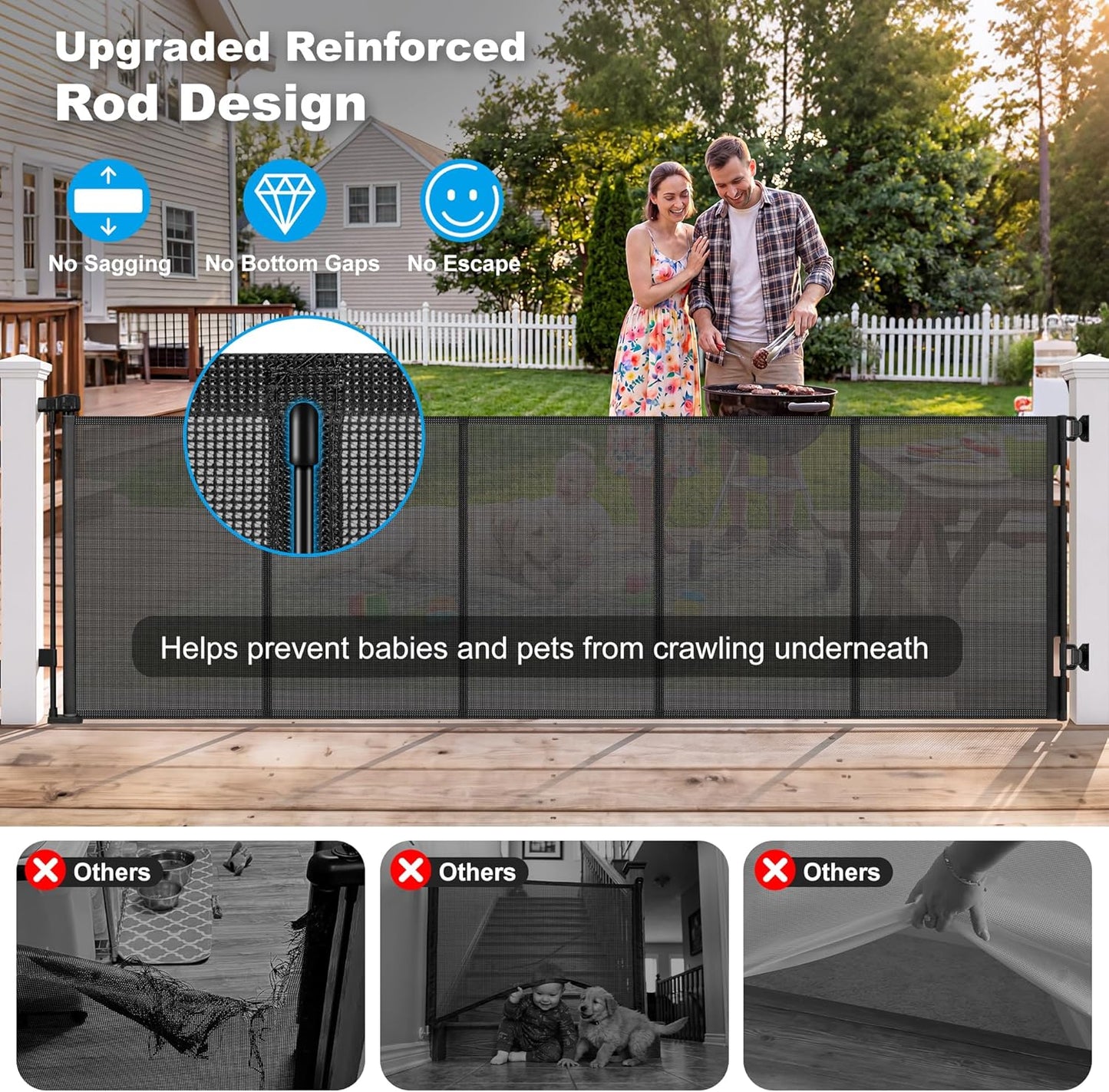 108" Wide Weatherproof Outdoor Retractable Dog Gates Extra Wide with Rust-Proof Stainless Steel Hardware& Waterproof Mesh, Reinforced 9 Ft Extra Long Retractable Baby Gate to Prevent Crawling Through