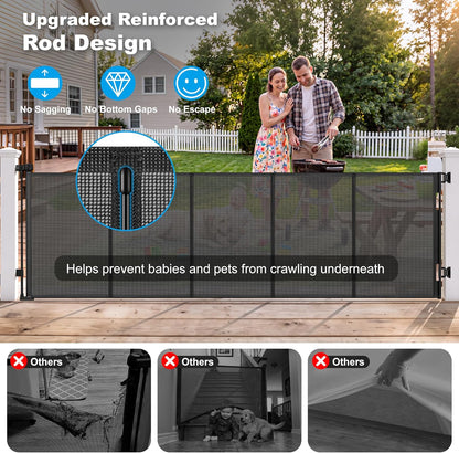 108" Wide Weatherproof Outdoor Retractable Dog Gates Extra Wide with Rust-Proof Stainless Steel Hardware& Waterproof Mesh, Reinforced 9 Ft Extra Long Retractable Baby Gate to Prevent Crawling Through