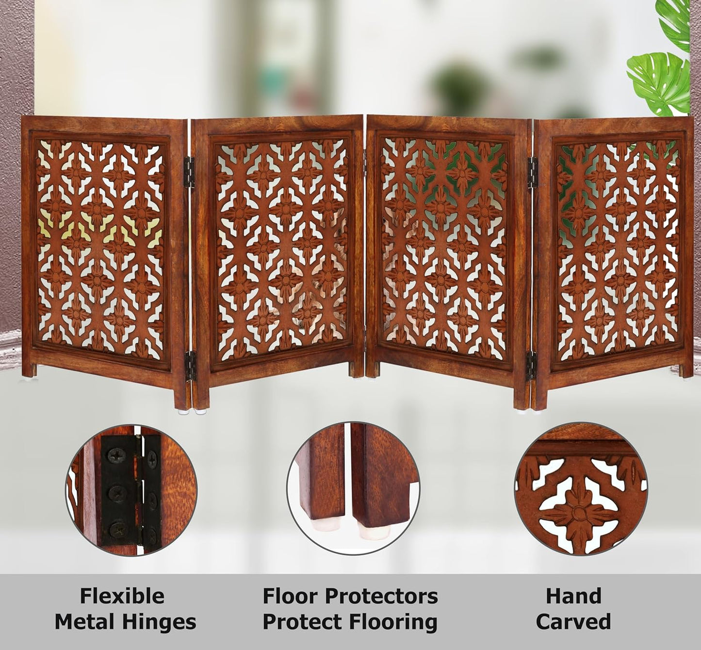 Croft&Cane Wooden Foldable Pet Dog Safety Gate – 3 Panel Freestanding Indoor Pet Fence (20 inches W x 24 inches H) – Hand-Carved Solid Wood & MDF – Fully Assembled - Antique Brown