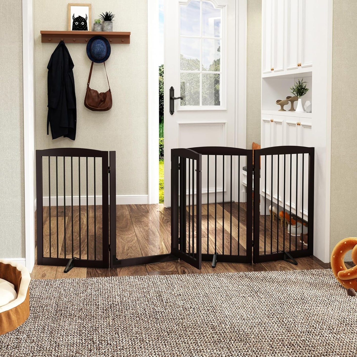 PUPETPO Freestanding Dog Gate with Door, Pet Gate for Stairs, 80 inch Wide Pet Barrier Indoor, Dog Fences Indoor, Support Feet Included, 4 Panels, 24" Tall, Dark Brown