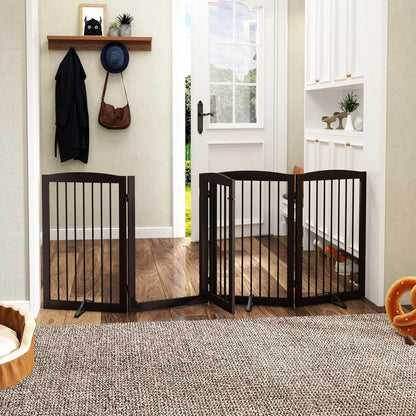 PUPETPO Freestanding Dog Gate with Door, Pet Gate for Stairs, 80 inch Wide Pet Barrier Indoor, Dog Fences Indoor, Support Feet Included, 4 Panels, 24" Tall, Dark Brown