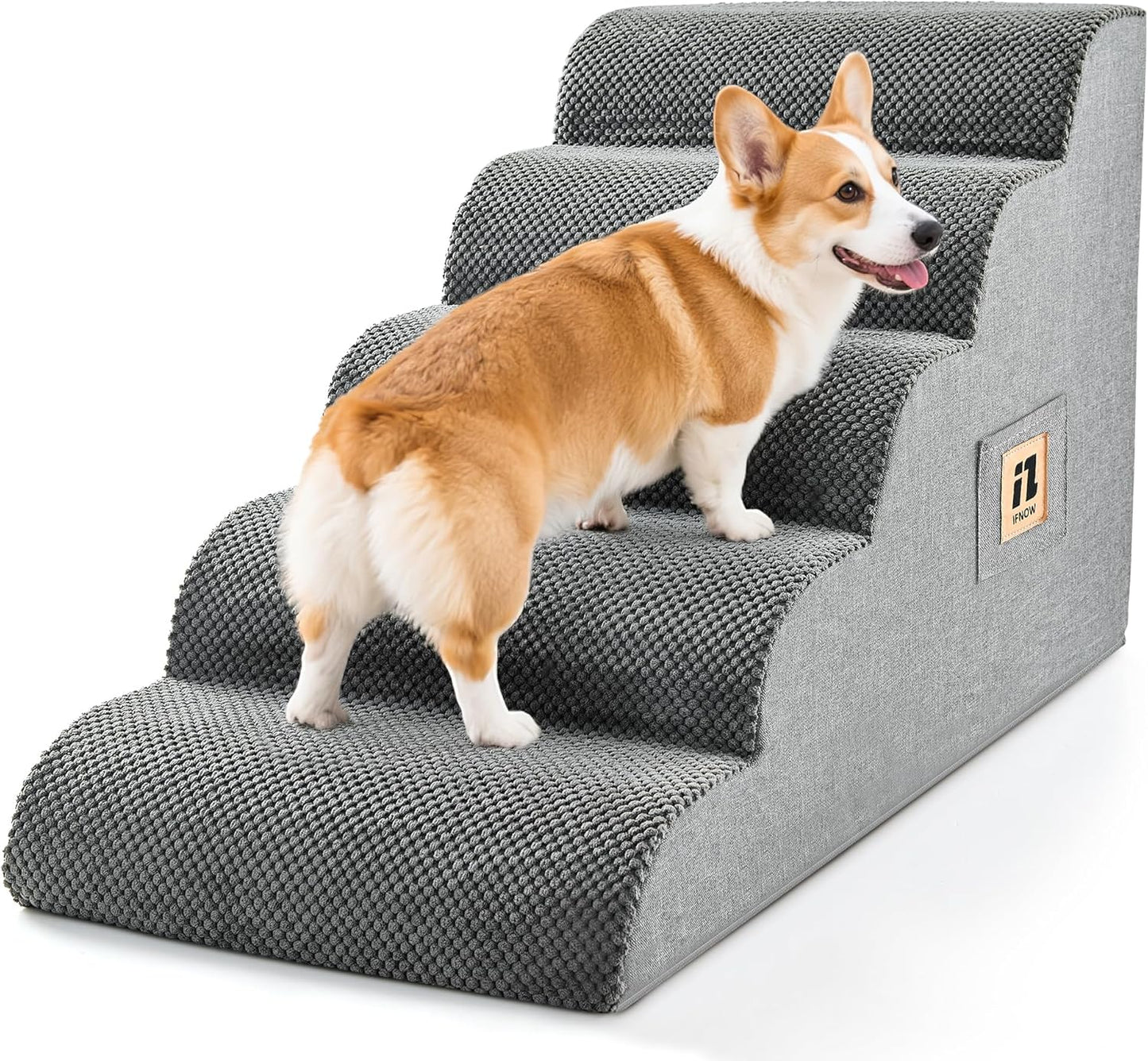 IFNOW Dog Stairs for Small Dogs 15.7''H, 4-Step Sturdy Dog Steps for Bed, Couch, Sofa, Waterproof Pet Stairs for Older Cats, Puppy, Removable Washable Cover, Non-Slip Curved Pet Ramp Indoor, Grey