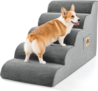 IFNOW Dog Stairs for Small Dogs 15.7''H, 4-Step Sturdy Dog Steps for Bed, Couch, Sofa, Waterproof Pet Stairs for Older Cats, Puppy, Removable Washable Cover, Non-Slip Curved Pet Ramp Indoor, Grey