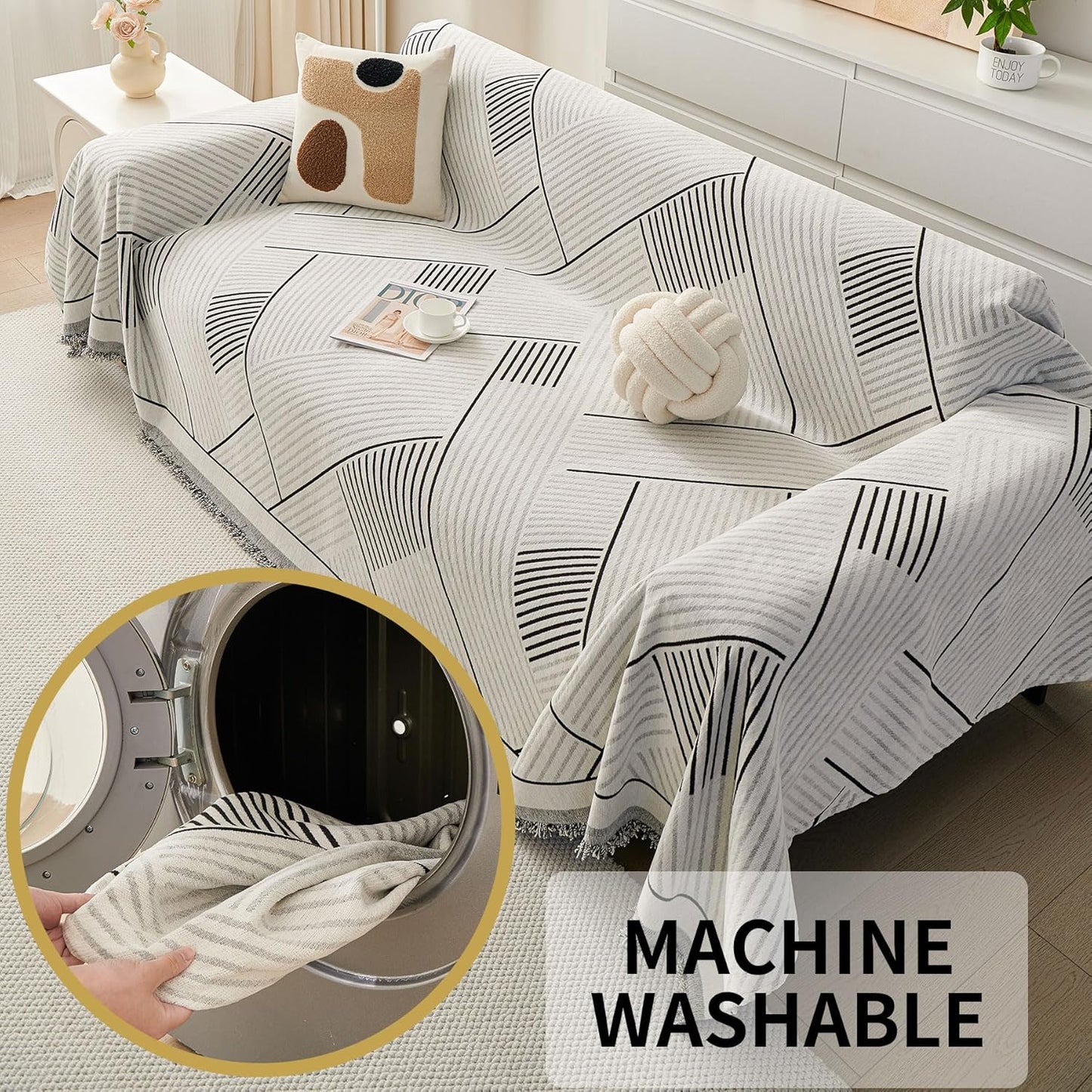 HAOMAIJIA Non Slip Couch Cover Sofa Covers for 3 Cushion Couch Washable sectional Couch Covers for Dogs pet Furniture Protector Couch Cover Blanket for Living Room (Off White, 91"x134")