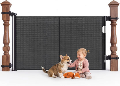 Reinforced Retractable Baby Gate for Stairs & Banister, 55" Wide Mesh Dog Gate, One-Handed Dual Lock Safety Gate for Kids & Pets, Fits Round & Square Posts (Black)