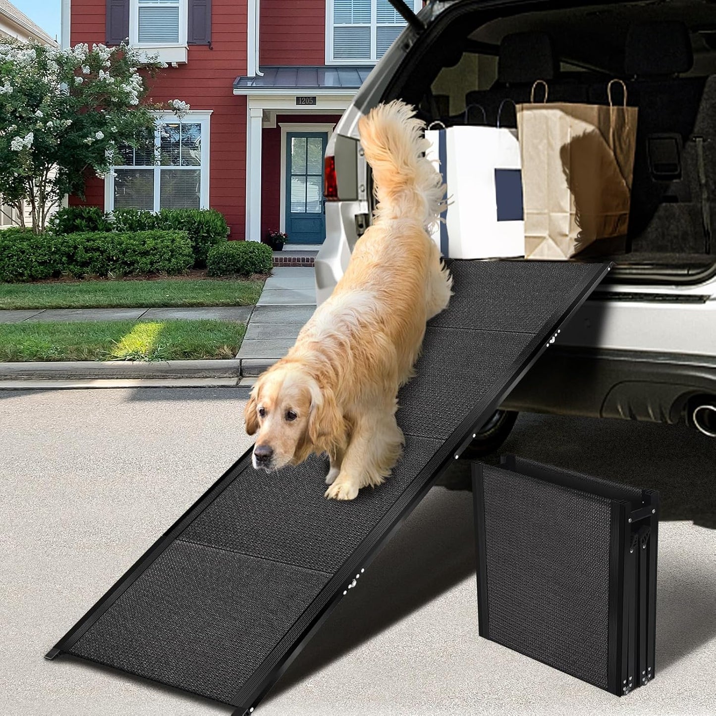 71”L*19.7”W Extra Wide & Long Dog Ramp for Car Truck SUV, Portable Folding Pet Ramps for Small Medium Large Dogs and Cats, Lightweight Aluminum Frame, Supports up to 155 Lbs