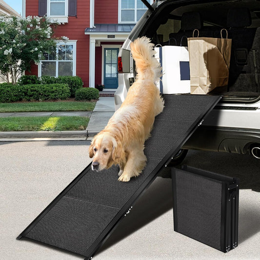 71”L*19.7”W Extra Wide & Long Dog Ramp for Car Truck SUV, Portable Folding Pet Ramps for Small Medium Large Dogs and Cats, Lightweight Aluminum Frame, Supports up to 155 Lbs