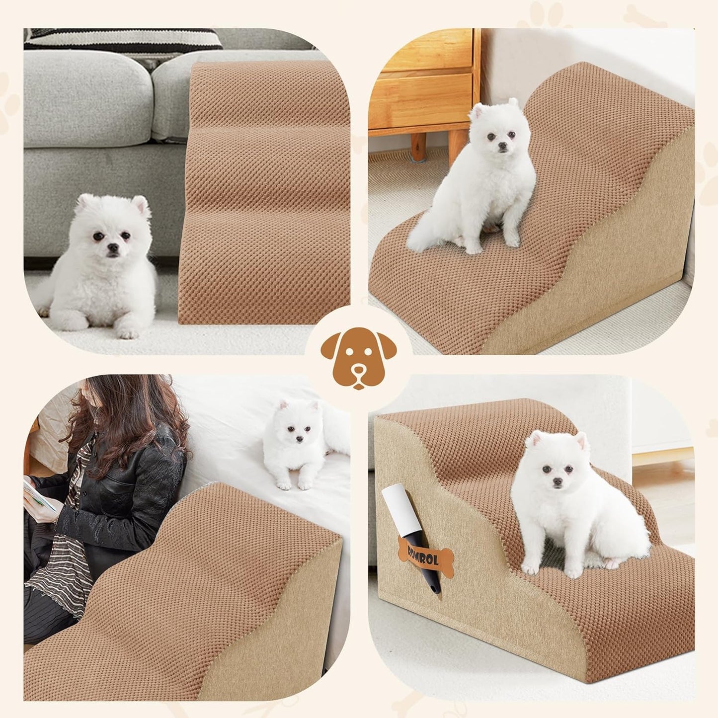 Romrol Dog Stairs Ramp for High Beds Couches, High Density Foam Pet Steps with Durable Non-Slip Waterproof Fabric Cover, Dog Stairs for Small Dogs or Cats or Pets, 5-Step, 22 Inch, Grey
