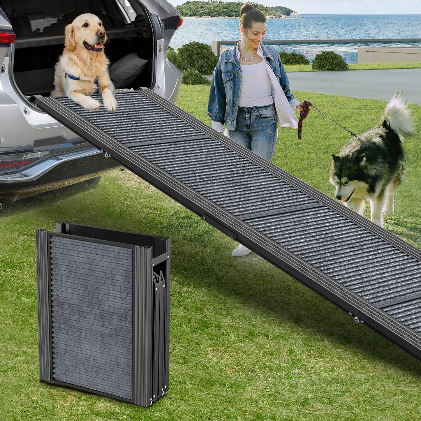 Dog Ramp for Car 71" Extra Long & 17.2" Wide Folding Dog Ramps for Large Dogs with Non-Slip Rug Surface Portable Dog Car Ramp for SUV Car & Truck, Outdoor Dog Ramp Up to 270 LBS