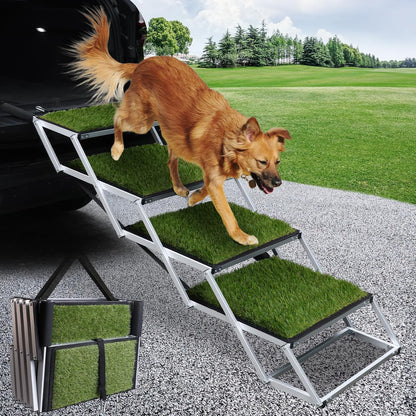DGSL Dog Ramp for Car, 4-Step Folding Dog Stairs, Aluminum, Black, Supports Up to 250 Lbs