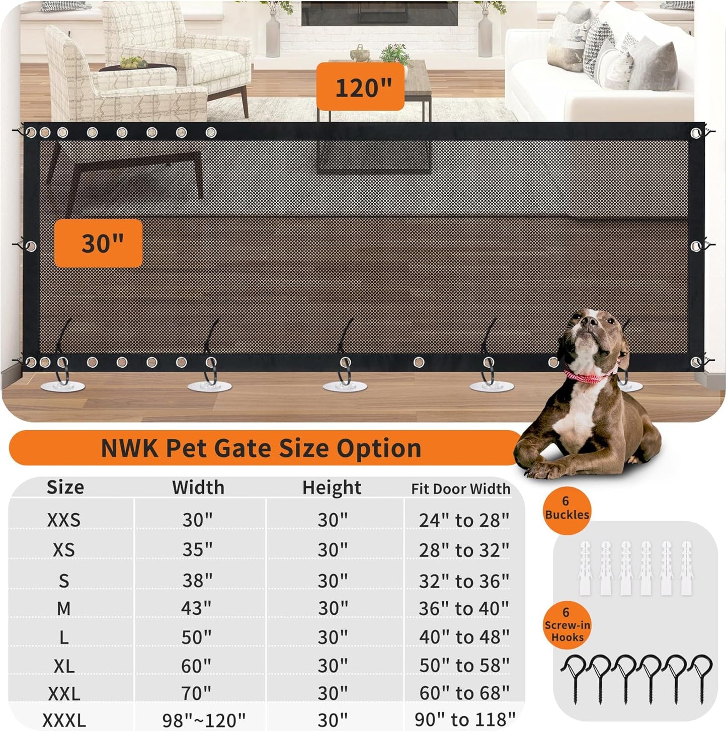 NWK Magic Dog Gate for Stairs Pet Gate for The House Providing a Safe Enclosure for Pets to Play and Rest, 6 Hooks Design (30'' X 43'')