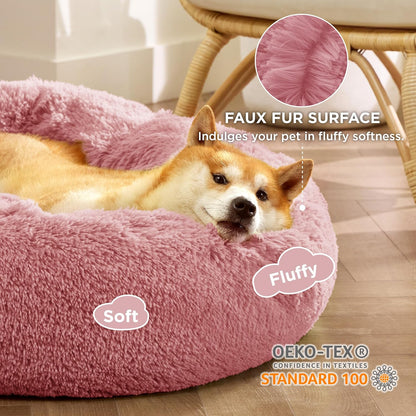 Bedsure Calming Dog Bed Medium Size Dog - Donut Washable Medium Pet Bed, 30 inches Anti-Slip Round Fluffy Plush Faux Fur Cat Bed, Fits up to 45 lbs Pets, Camel