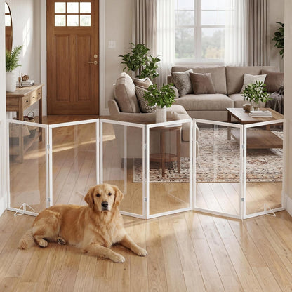Extra Wide Clear Dog Gate，6 Panel (107.957" W*31.5" Tall) Wooden Dog Gate, Clear Acrylic Pet Gate，Transparent Freestanding Pet Gate for Doorways Stairs