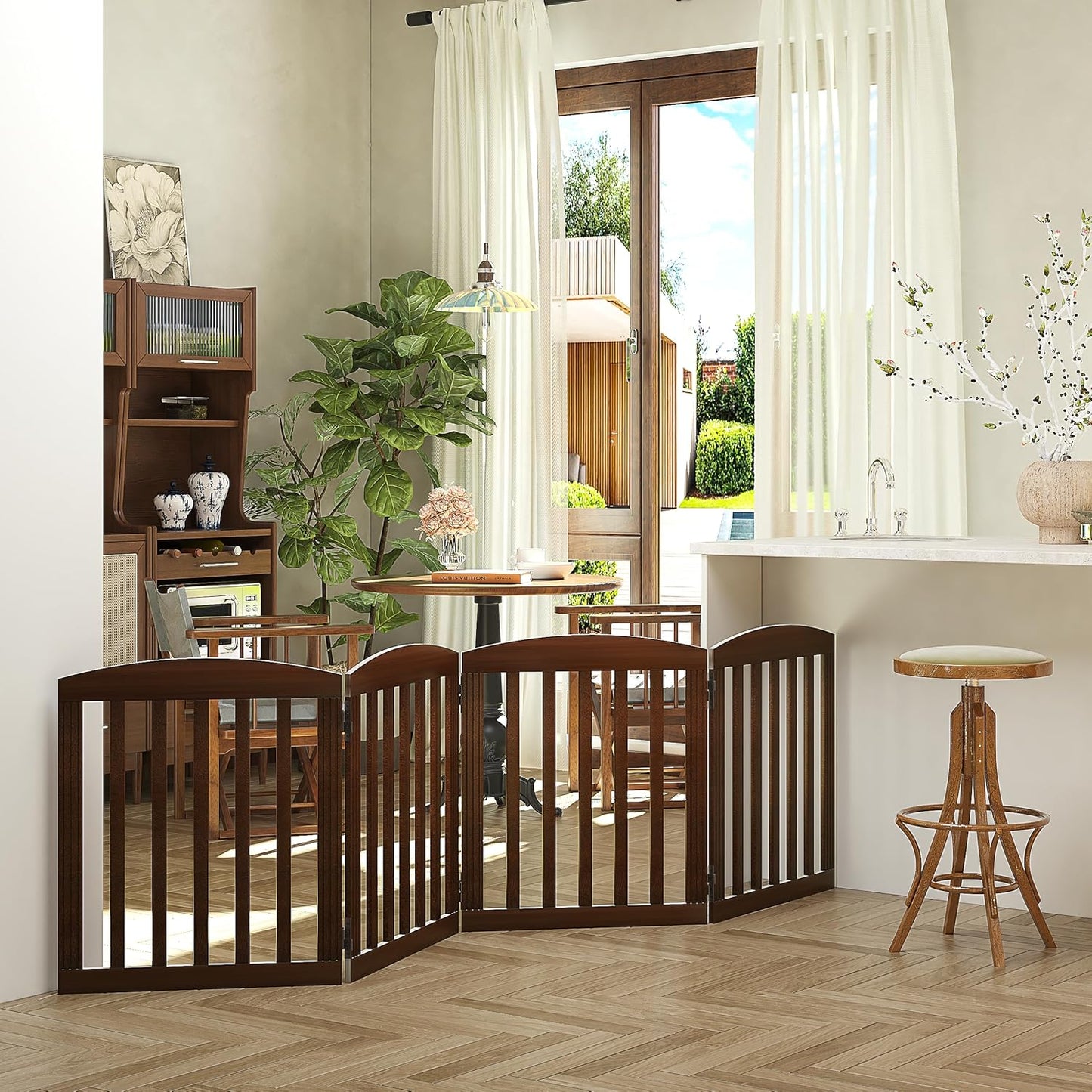 SPIRICH 96" Extra Wide 28" Tall Wooden Freestanding Foldable Dog Gate, Pet Gate Indoor, 4 Panels, White