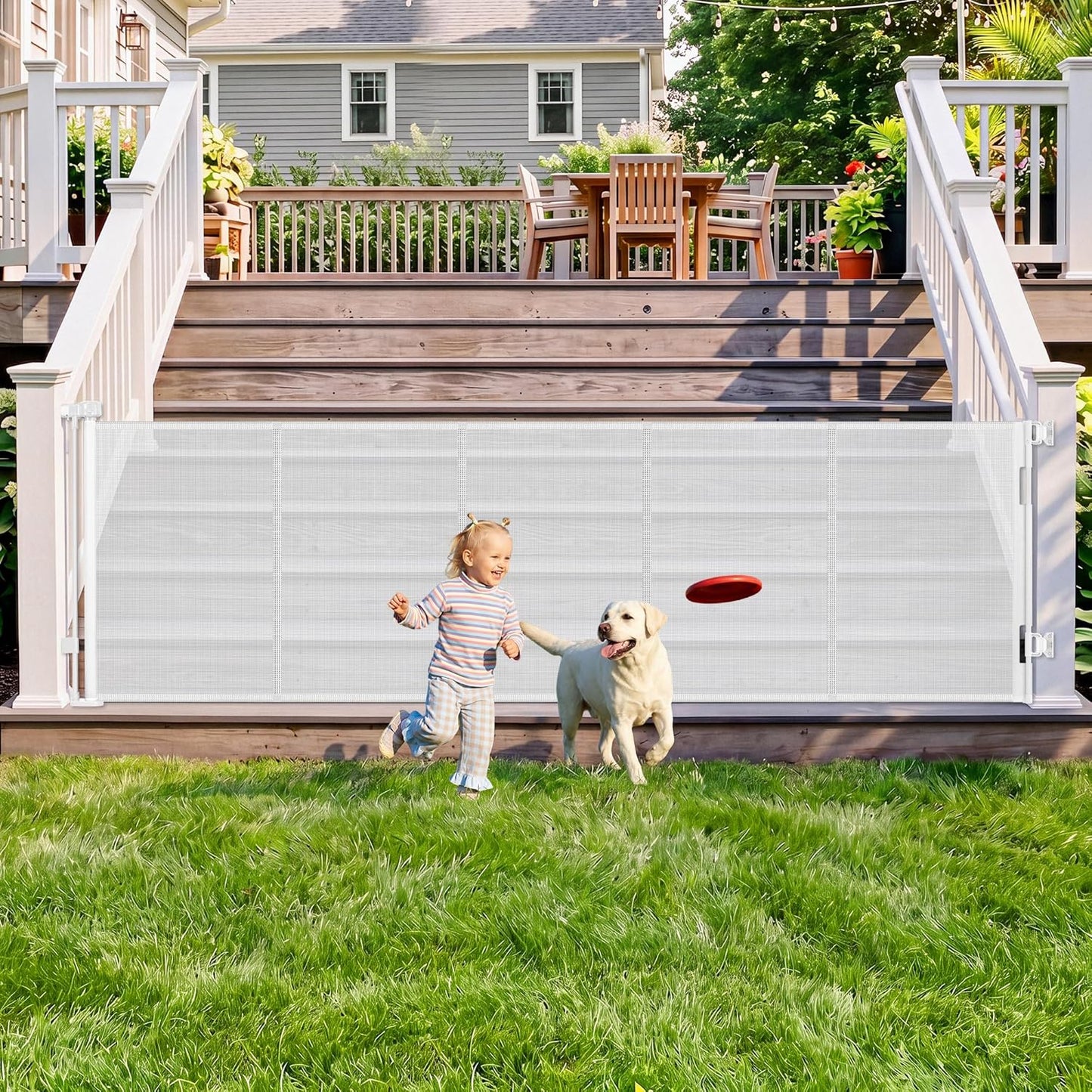 108" Wide Weatherproof Outdoor Retractable Dog Gates Extra Wide with Rust-Proof Stainless Steel Hardware& Waterproof Mesh, Reinforced 9 Ft Extra Long Retractable Baby Gate to Prevent Crawling Through