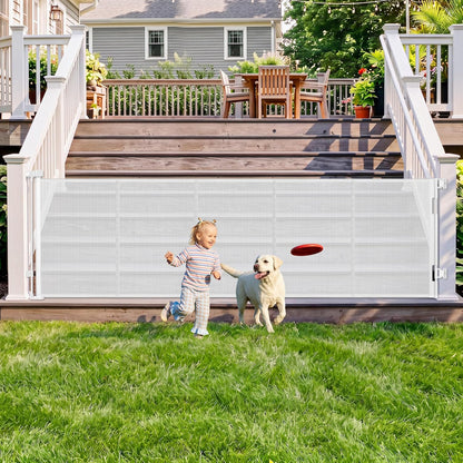 108" Wide Weatherproof Outdoor Retractable Dog Gates Extra Wide with Rust-Proof Stainless Steel Hardware& Waterproof Mesh, Reinforced 9 Ft Extra Long Retractable Baby Gate to Prevent Crawling Through