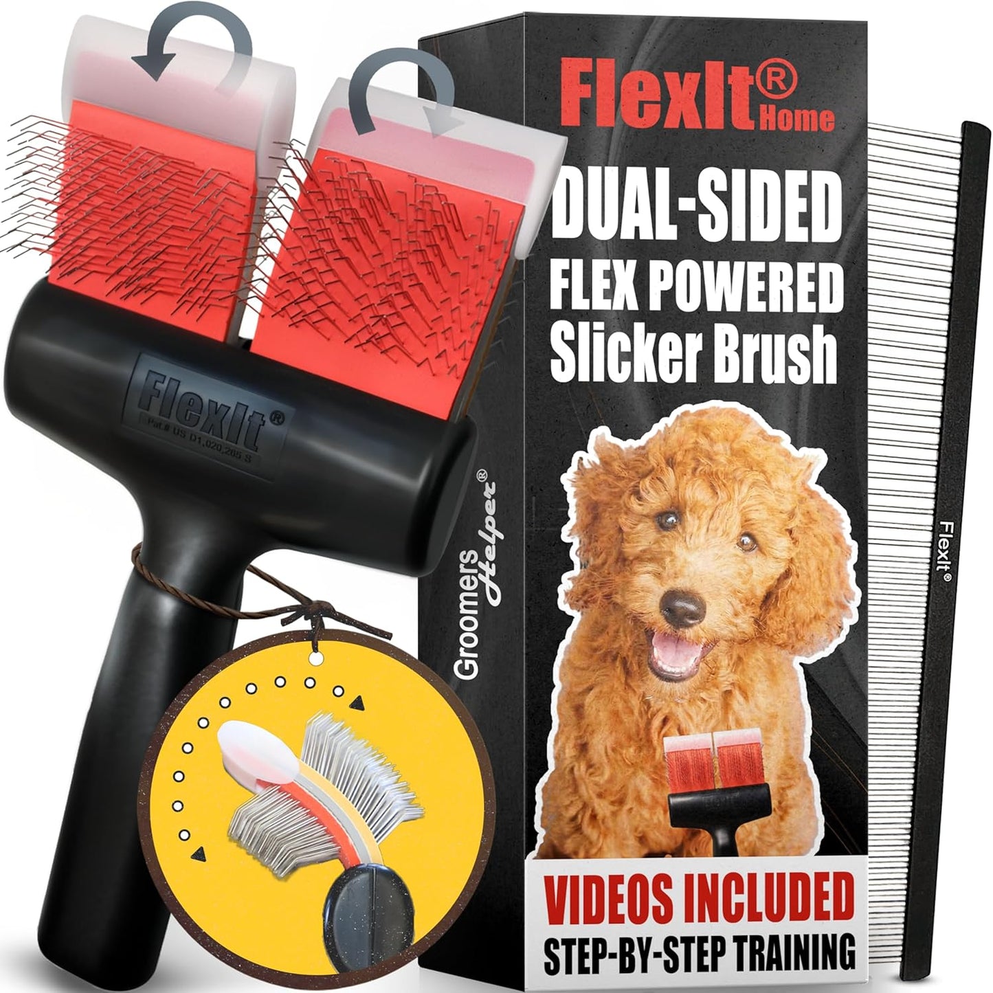 FlexIt Home - Flexible Slicker Brush for Dogs - Dog Grooming Brush for Poodles, Golden Doodles, Huskies, Retrievers, and Labradoodles - Professional 3-in-1 System & Video Trainings (Single, Soft Flex)